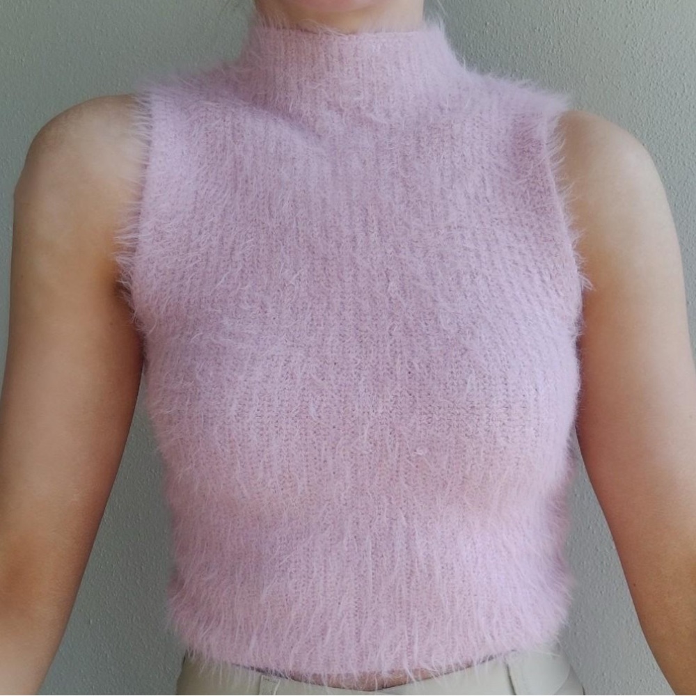 ZARA Women's S Pink Fluffy Soft Knit Mock Neck Sleeveless Retro Sweater Vest
